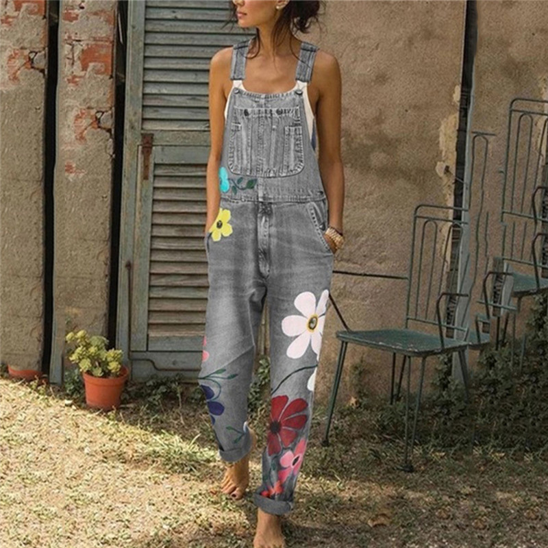 Female Playsuit Women Printed Jumpsuits Fashion Ladies Loose Casual Overalls Rompers Jeans Pants Bib Pants Knee-Length Overall T200303