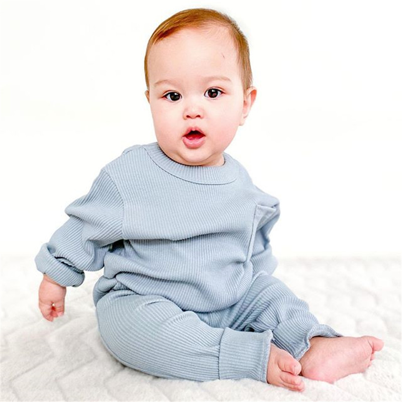 Baby Girl Boy Rib Knitted Clothing Set Long Sleeve Top with Pocket + Pants 6M-4Y Kids Autumn Casual Solid Cotton LoungewearX1019