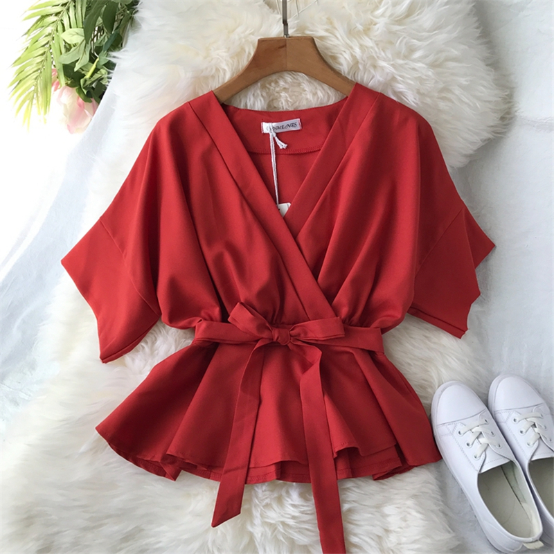 2019 Korean Women Bow Lace Up Slim Tops And Blouses Ladies V-Neck Chiffon Shirt Half Sleeve Ruffles Oversized Blusas Mujer T200321