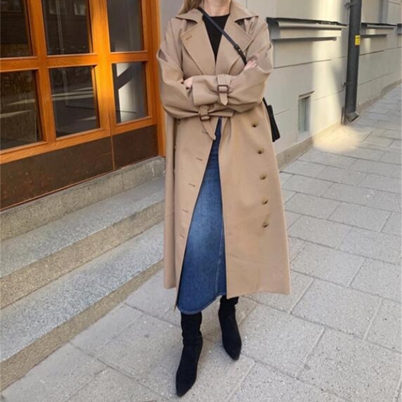 Fashion Woman Pisa Trench COAT BLACKkhaki Double Breasted cotton blend Drop Shoulder belted cuffs Oversized Long coats 201030