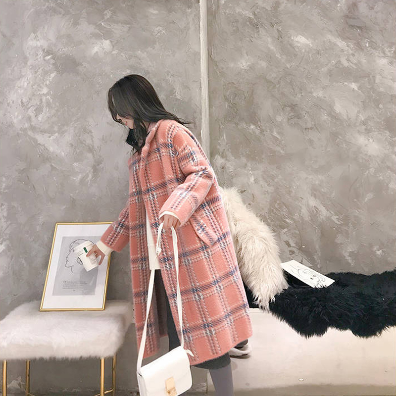 Women's Plaid Woolen Coat - Elegant Turn-Down Collar Winter Outwear