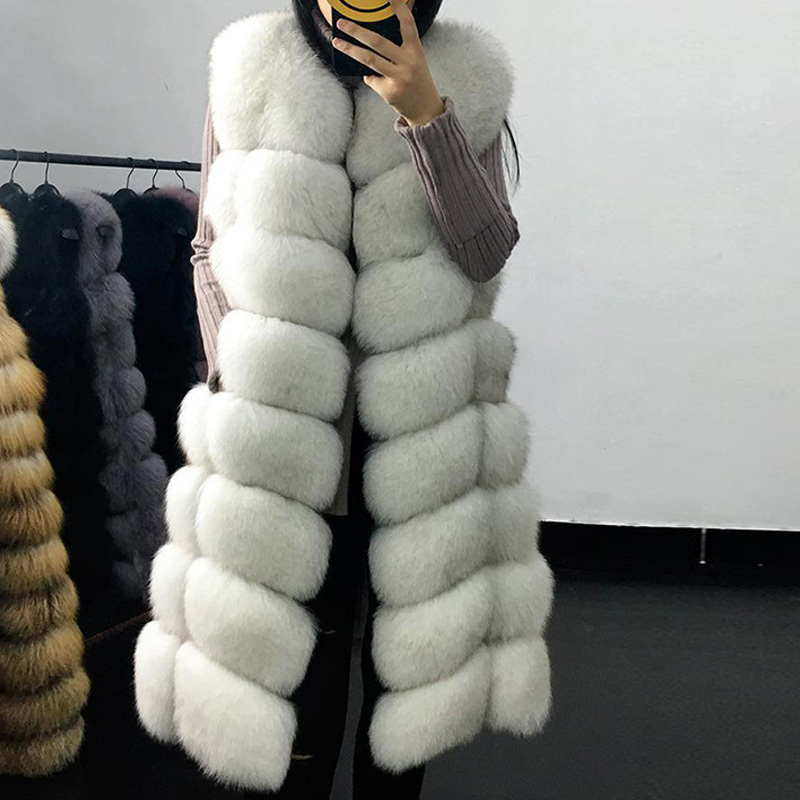 Faux Fur Coat Autumn Winter Women Fashion Casual Warm Slim Sleeveless Long Faux Fox Fur Vest Winter Pockets Jacket Women 201212