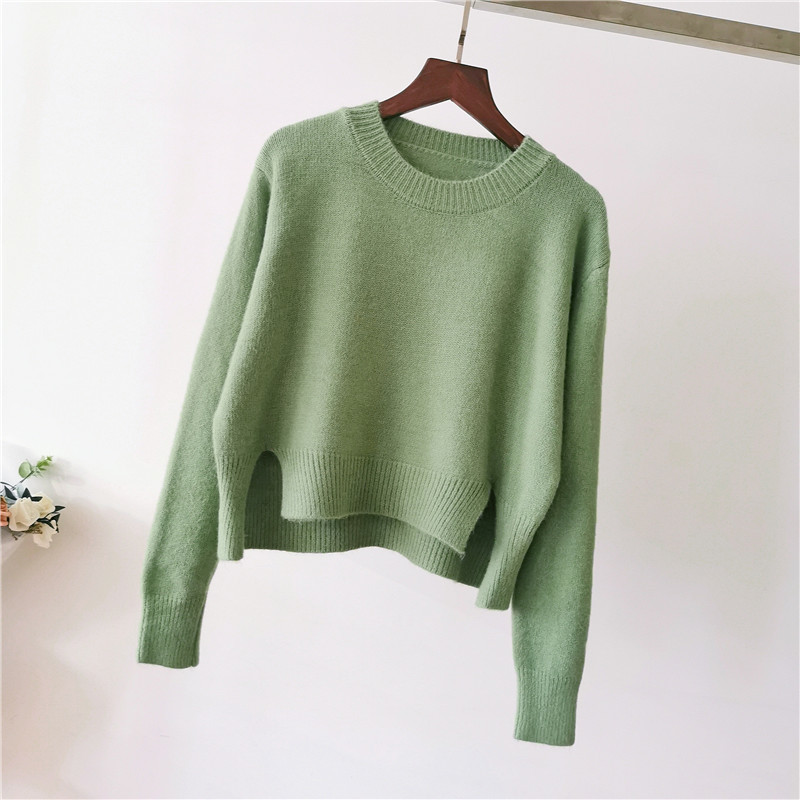 Sweater Women Front Short Back Long Round Collar Autumn Korean Fashion Full Sleeve Solid Color 201223