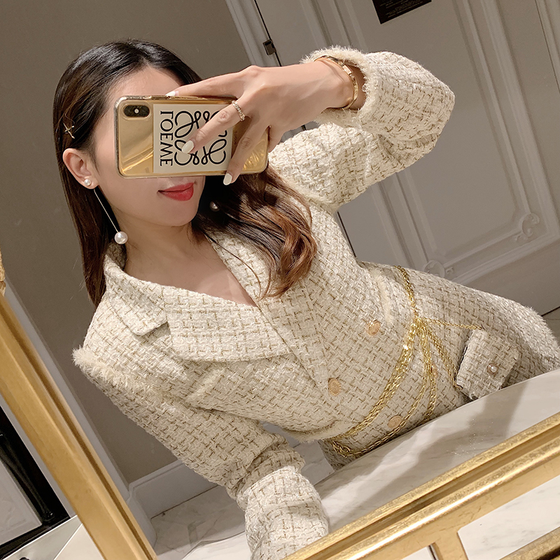 EWQ Autumn Winter Gold Thread Plaid Suit Women Notched Red Coats Feather Tassel Trim Slim Tweed Jacket With Free Belt Bag 201223