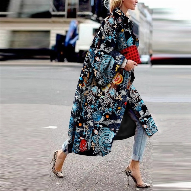 Women Fashion Casual Print Coat Plus Size Loose Elegant Clothing Long Coats LJ201128