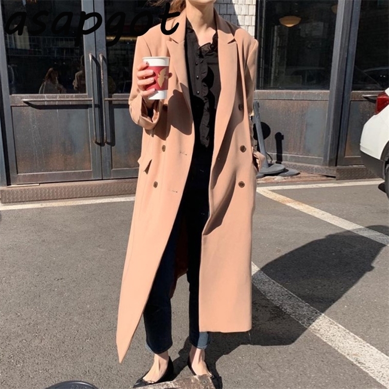 Slim Vintage Autumn Winter Lapel Double-breasted Loose Khaki Long Trench Coat Women Jacket Casual Street Elegant Pockets 201031