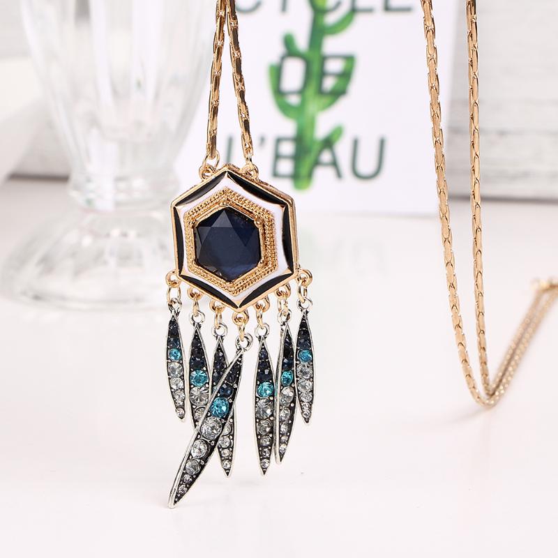 2020 new Fashion Bohemia Feather Hexagon Pandent Necklace Drop Oil Long Tassel Necklaces