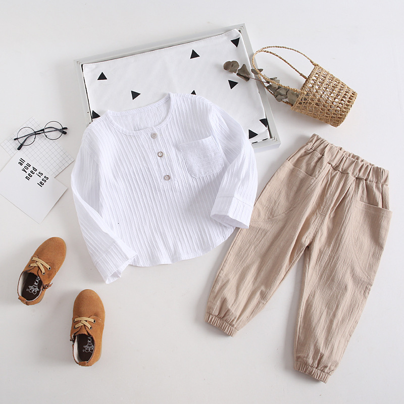 Baby Boy Girl Spring Autumn Cotton Linen Clothes Children Buttons T Shirt Pants 2Pcs/sets Infant Kids Fashion Toddler TracksuitsX1019