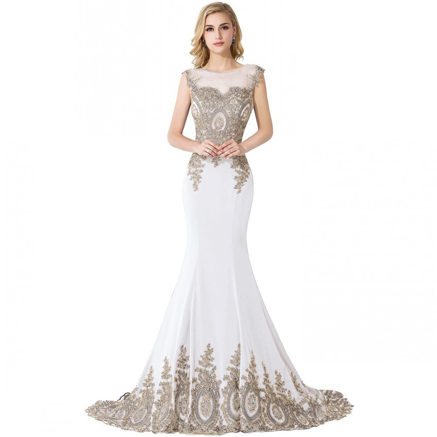 2021 Elegent Long Mermaid Evening Dress Women Cocktail Party Gown Gold Applique Girl Evening Gown Formal Dress Duba Floor Length 201114