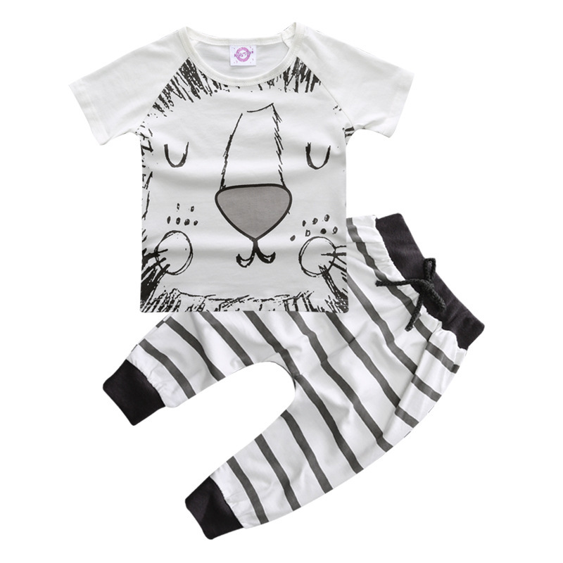 Retail 2020 new baby boy clothes set 2pcs Cartoon lion and cat T-shirt with short sleevess+pants baby summer clothes Y1105
