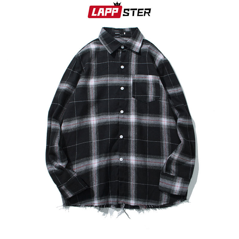 LAPPSTER Men Hip Hop Plaid Shirts Male Korean Fashion Streetwear White Loose Vintage Oversized Clothing 220322