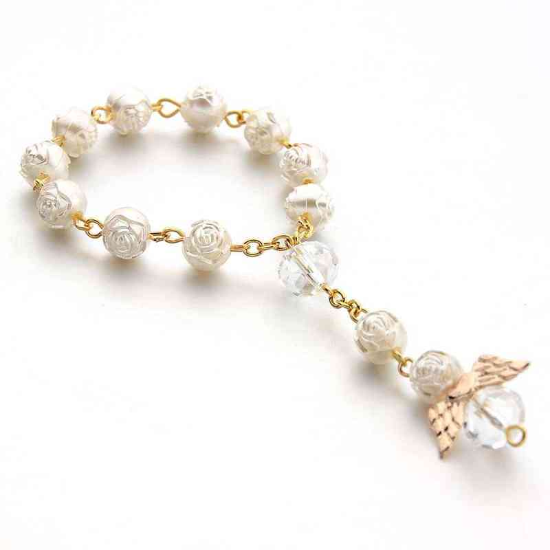 10pcs Ivory Color Baptism Favors with Angels Mini Rosaries Gold Plated Acrylic BeadsChristening Communion Finger Rosari 220124