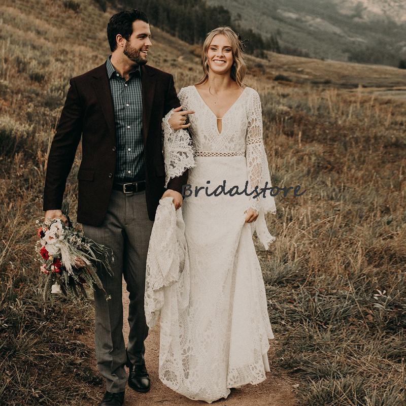Backless Full Lace Boho Wedding Dress 2022 V Neck Puff Sleeves Bohemian Rustic Country Dresses Floor Length Crochet Western Outdoor Bridal Gowns Robes