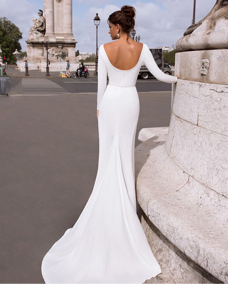 New Soft Satin Mermaid Butons Wedding Dresses Long Sleeve Elegant Backless Bride Dress Wedding Gowns 2021 Vestido De Noiva