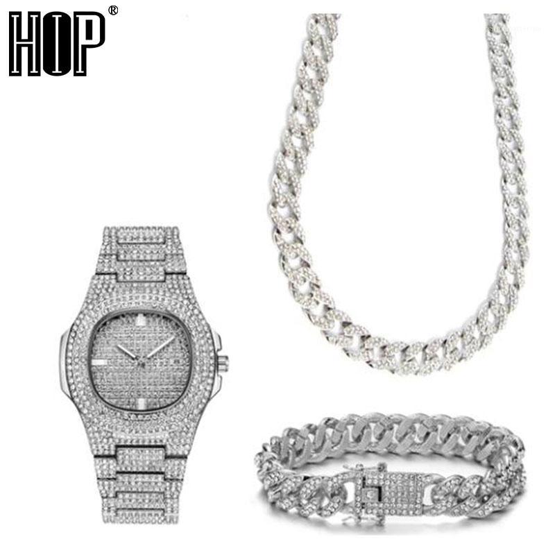 Chains Full Necklace +Watch+Bracelet Hip Hop Miami Curb Cuban Chain Gold Iced Out Paved Rhinestones CZ Bling For Men Jewelry1