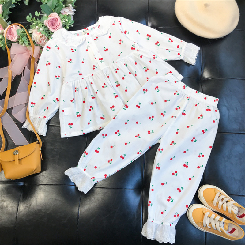 Humor Bear Spring Autumn New Girls Lace Cherry Pajama Set Baby Girl Home Service Thin Section Children's Long Sleeve 2pcs SuitX1019