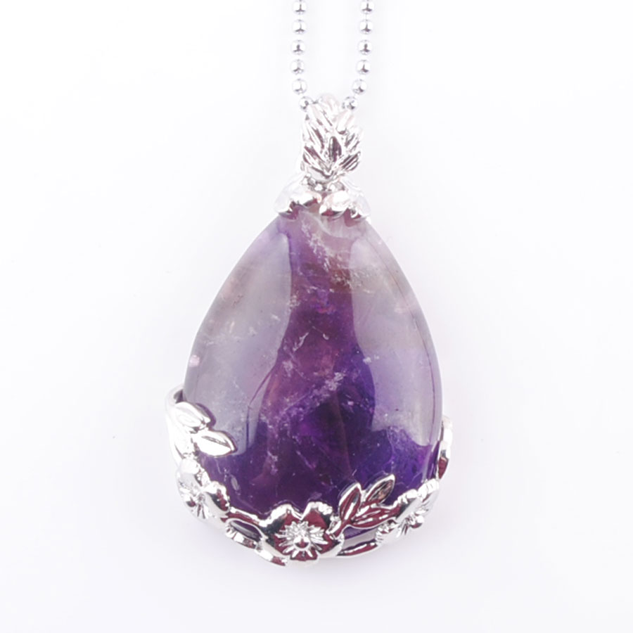 WOJIAER Tear Water Drop Love Natural Amethyst Gem Stone Pendant Necklace Reiki Bead Women Jewelry DN3471