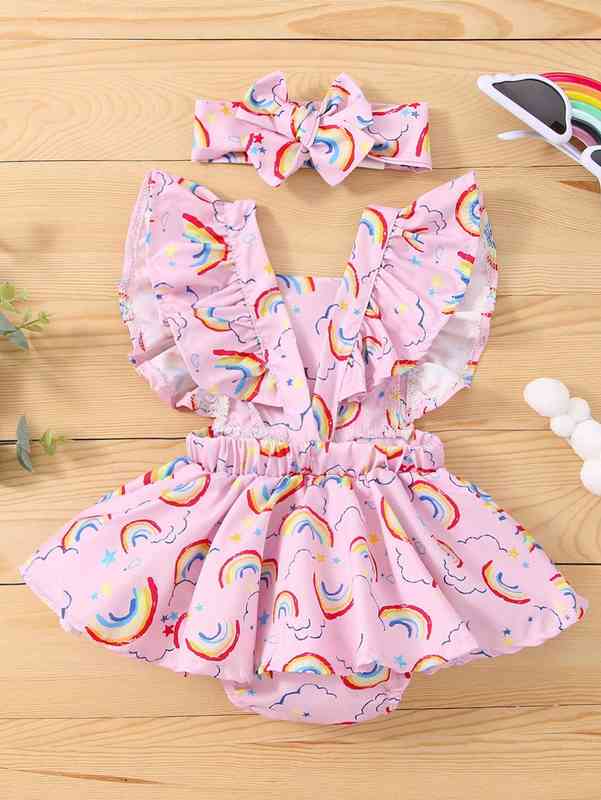 Baby Girl Rainbow Print Combo Bodysuit Dress With Headband SHE