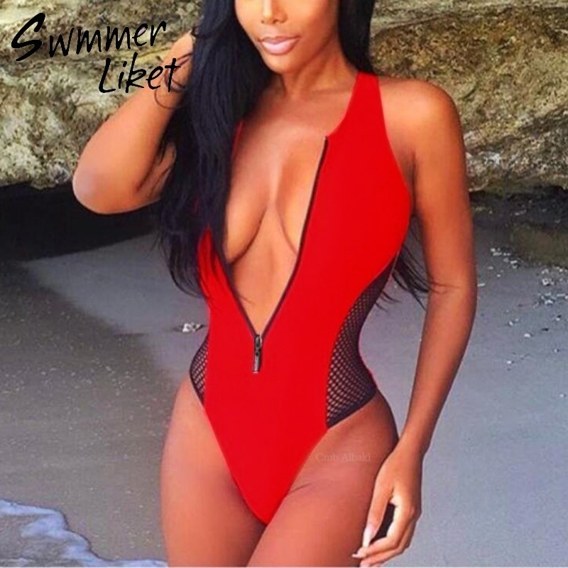 Sexy zipper bikini women 2019 Mesh push up bathers beach wear swimwear High cut bathing suit Black swimsuit 1pc monokini T200710 - view 4