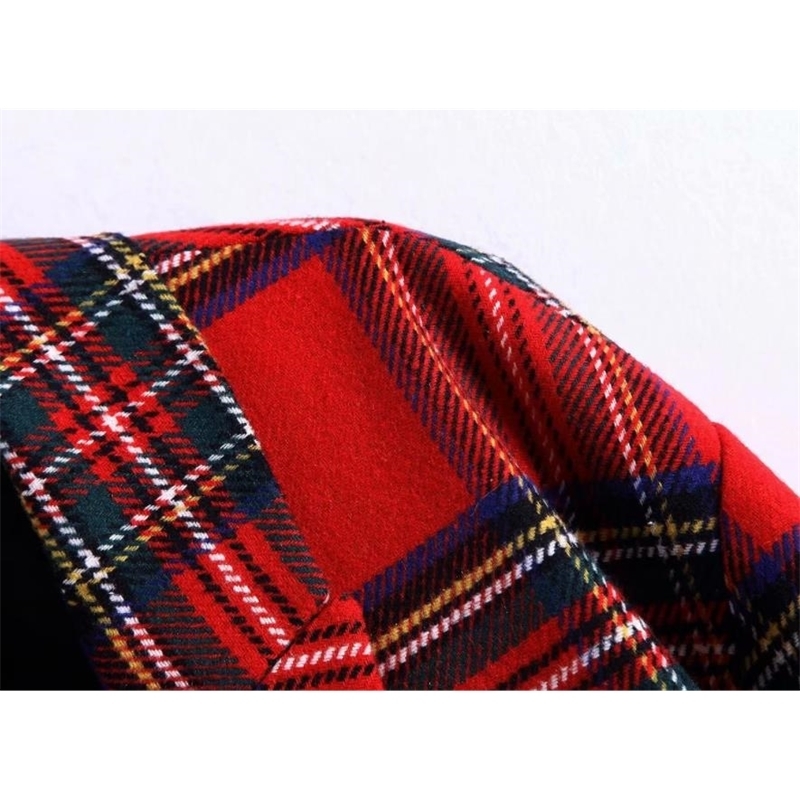 Women Vintage Winter Red Plaid Coat Long Woolen Single-breasted Female Wide-Waisted Wool Coats Jacket Parka 201030