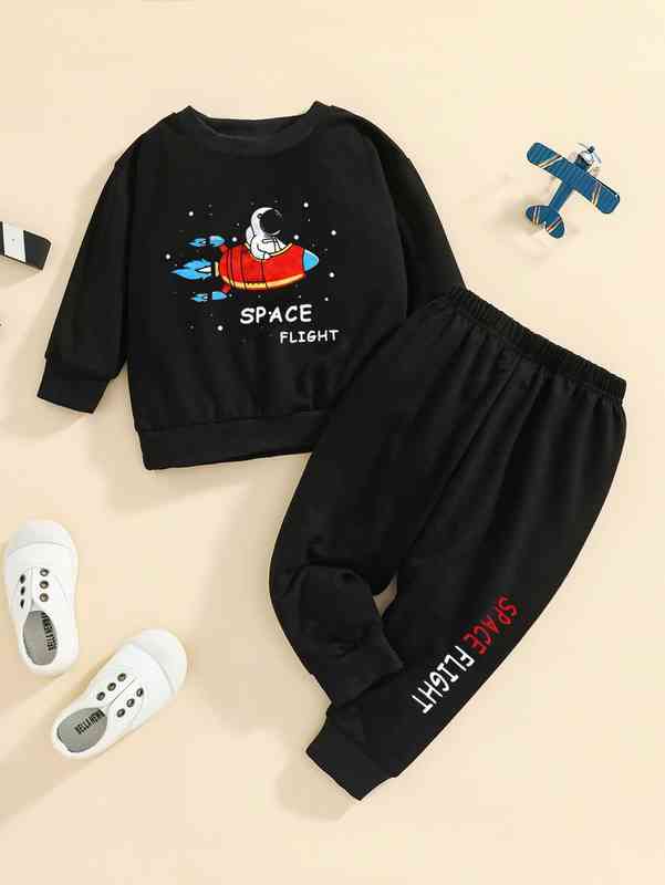 Baby Letter & Spaceman Print Sweatshirt & Sweatpants SHE