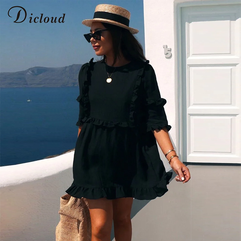 DICLOUD Casual Women White Mini Ruffle Summer Dress Women Short Sleeve Black Solid Loose Dress Beach Tunic Ladies Clothing T200319