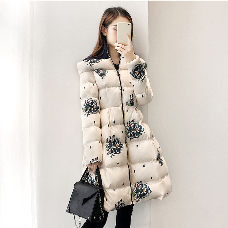 Stand Collar Long Winter Jacket Women A-Line Print Coat Women Thicken Parkas Mujer Warm Overcoat Cotton Jacket Female C5810 201029