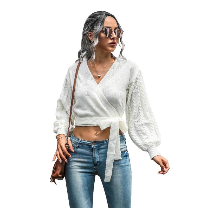 New Women V-neck Lantern Sleeve Knitted Sweaters Loose Casual Solid Color Criss-cross Belt Winter Clothes, Ivory
New Women V-neck Lantern Sleeve Knitted Sweaters Loose Casual Solid Color Criss-cross Belt Winter Clothes, Ivory
