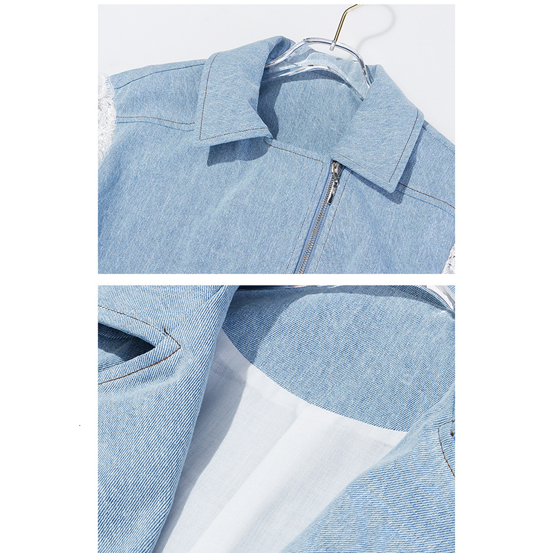 EAM Loose Fit Lace Split Joint Blue Denim Jacket Lapel Long Sleeve Women Coat Fashion Spring Autumn 1D638 201029