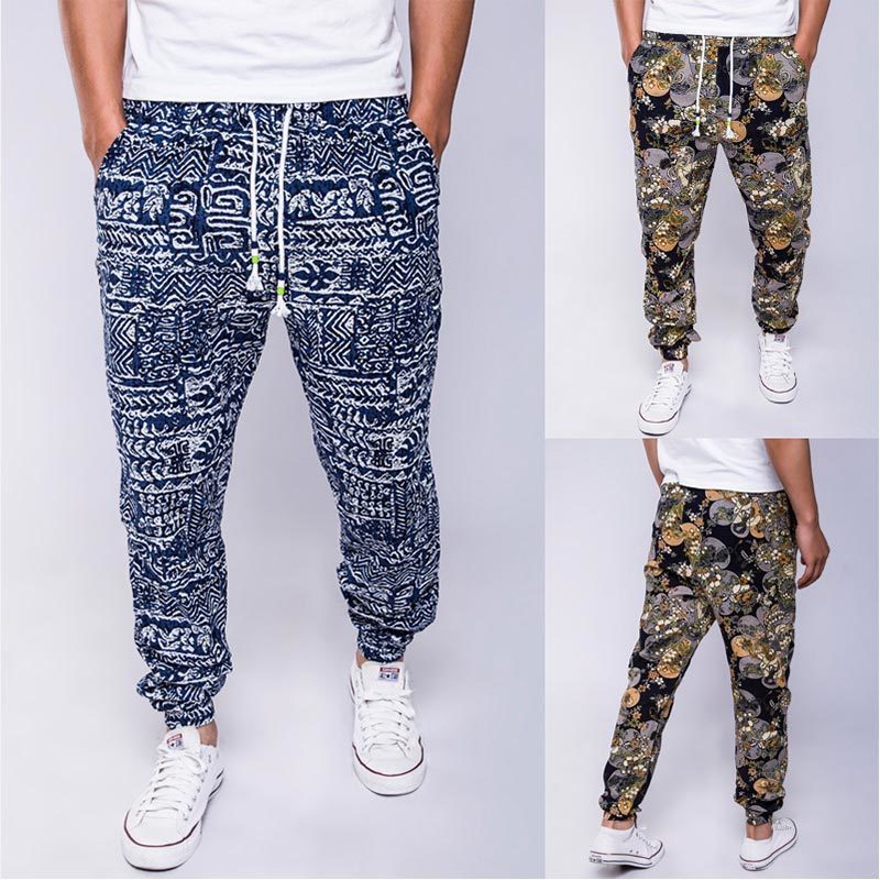 Hawaiian Men's Floral Print Cotton Linen Long Harem Pants Blue Drawstrings Pockets Man Trousers Summer Streetwear Joggers Male 201116