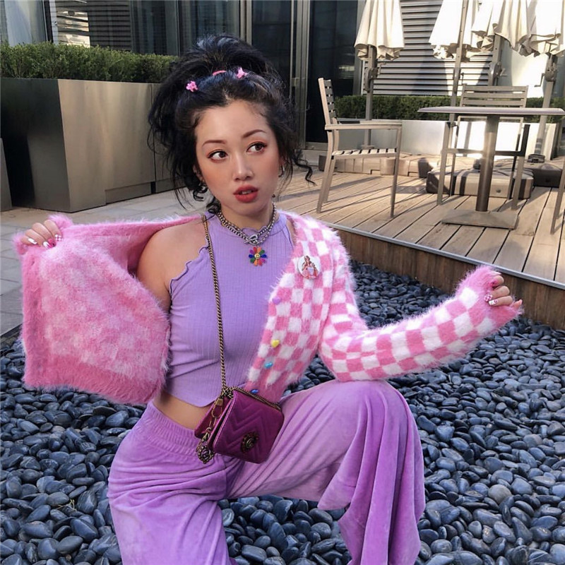 Spring Newly Pink Grid Short Women Mink cashmere V-neck Cardigans Fashion Slim Ladies Knitted Soft Sweater Long Sleeve 201111wtt