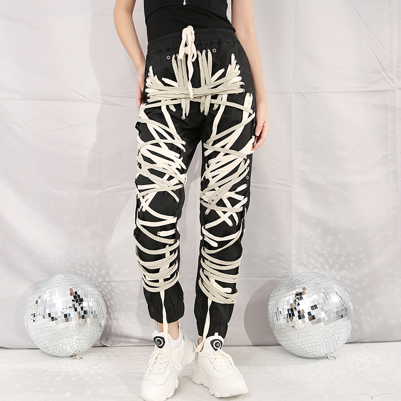 DEAT Autumn And Winter Elastic Drawstring Cross Full Length Slim Feet High Street Pants Female Trousers Colored 201228