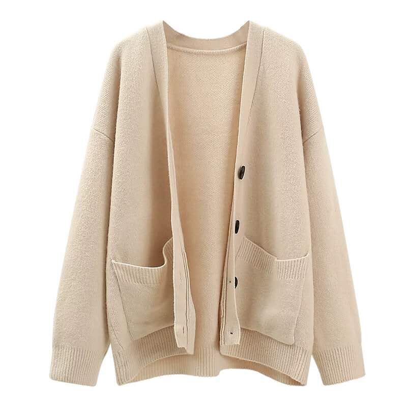 autumn and winter new women's knitted solid color buttons Korean loose top V-neck fashion temperament sweater cardigan 201111wtt