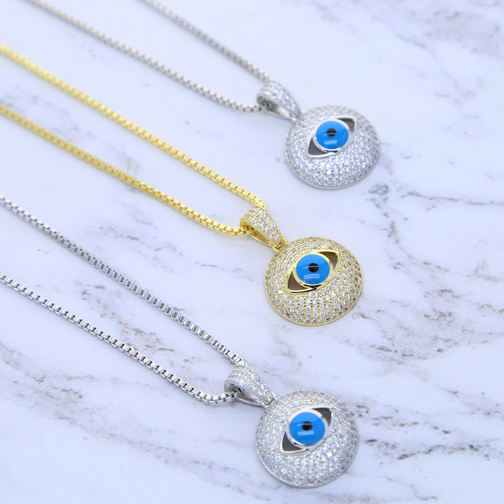 Hip hop Turkish Evil Eye charm necklace Jewelry For Women 5A Cz paved round pendant blue Eye Choker Necklace with box chain