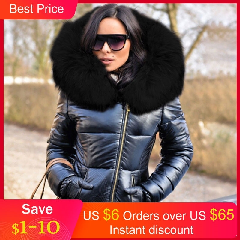 Cotton Padded Jacket Parkas Female Women Winter Coat Thickening Cotton Winter Jacket Womens Black Faux Fur Outwear Silm 201029