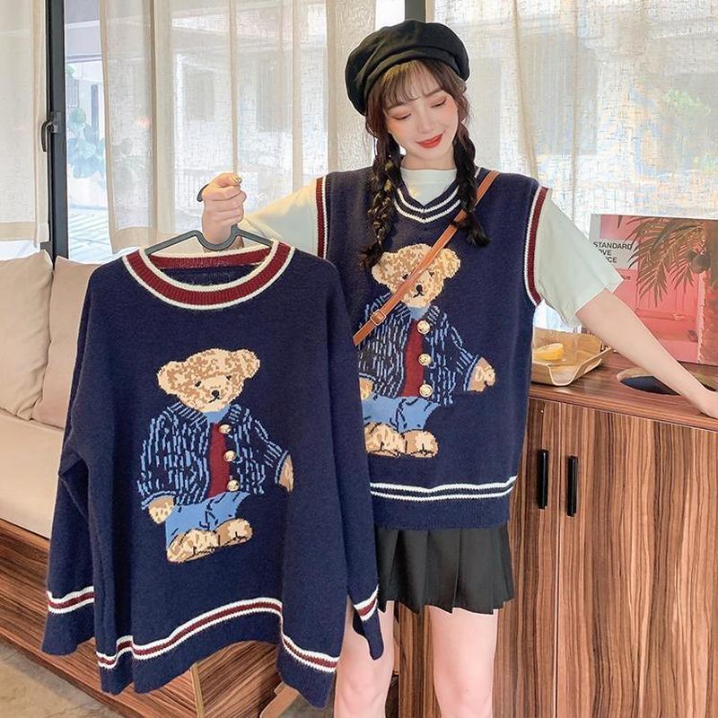 Little Bear Knitted Sweater Women Autumn Style Korean Lazy Loose Pullover Vest Outer Jacket College Style Vest 201224