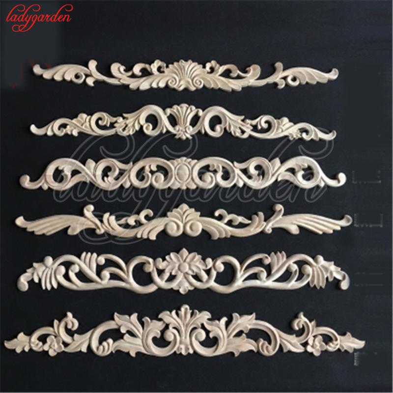 Decorative Woodcarving Decal for Furniture Home Decoration Long Carved Applique Window Door Decor Wooden Figurines Crafts