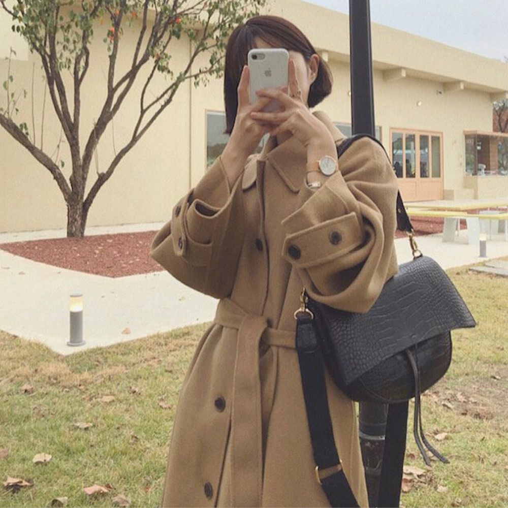 Women Vintage Winter Oversized Long Cashmere Coat Jacket Single Breasted Woolen Overcoat Sashes Cardigan Outerwear 201102