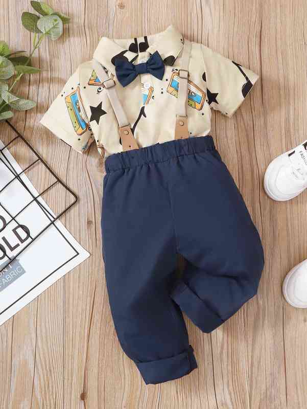 Baby Musical Notes And Tape Print Bow Polo Shirt & Pinafore Pants SHE