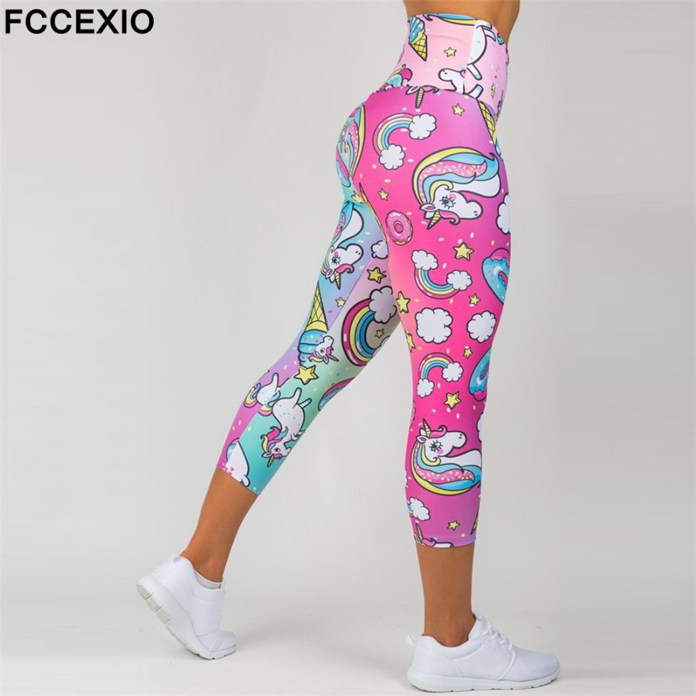 FCCEXIO New Style Fashion Elastic Force Fitness Women Leggings Workout Pants Sporting Skinny Leggings Rainbow Unicorn eggins 201203