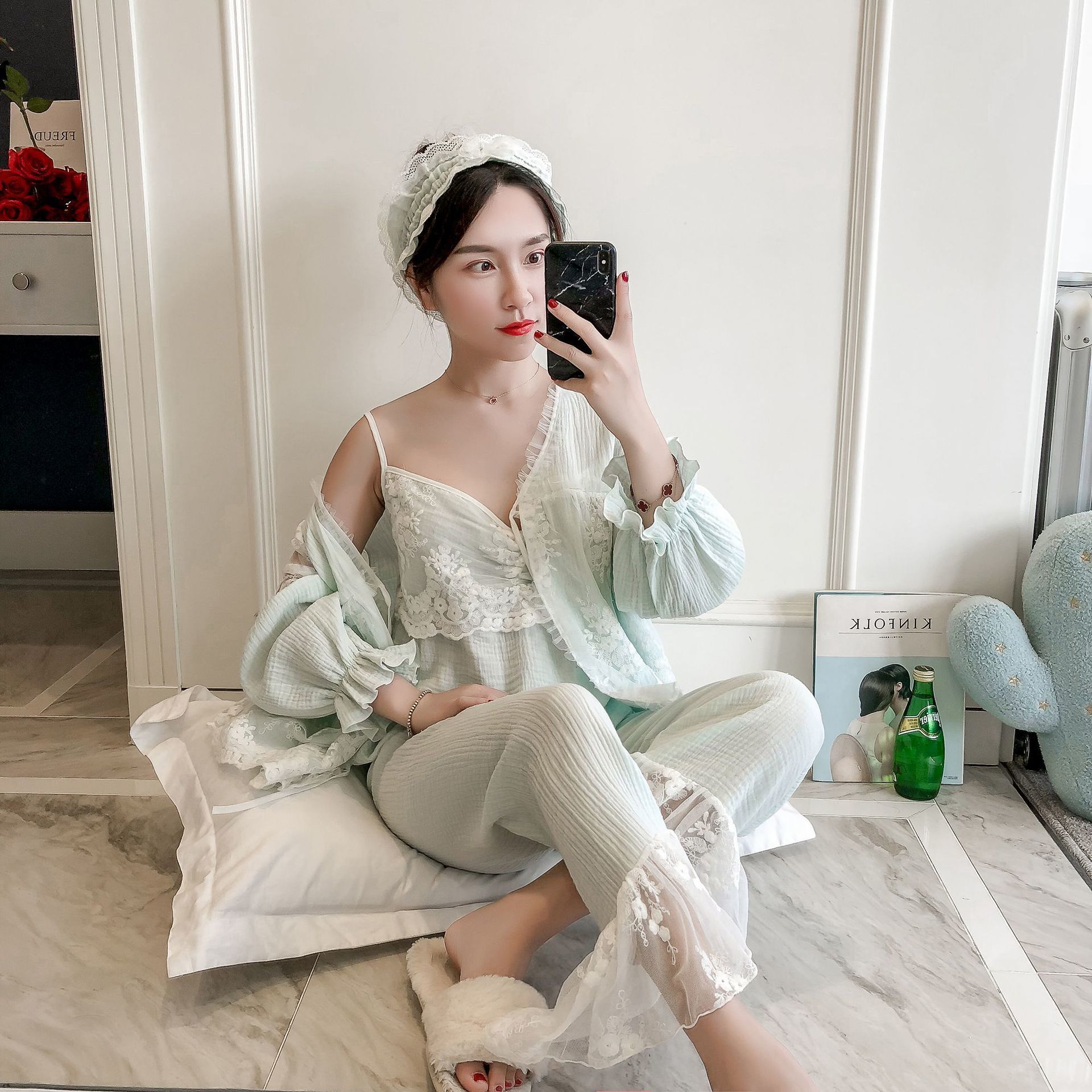 Pajamas Women Pajamas Set 3 pcs Cotton Lace Pajamas set Long sleeve Sleepwear White Pink Green Pruple 201027wtt