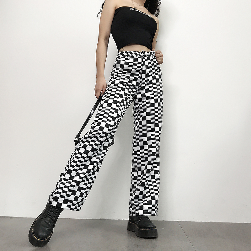 High Waist Loose Wide Checkerboard Punk Contrast Striped Plaid Zebra Cargo Jogger Harajuku Pant Korean Women Streetwear Trouser T200422