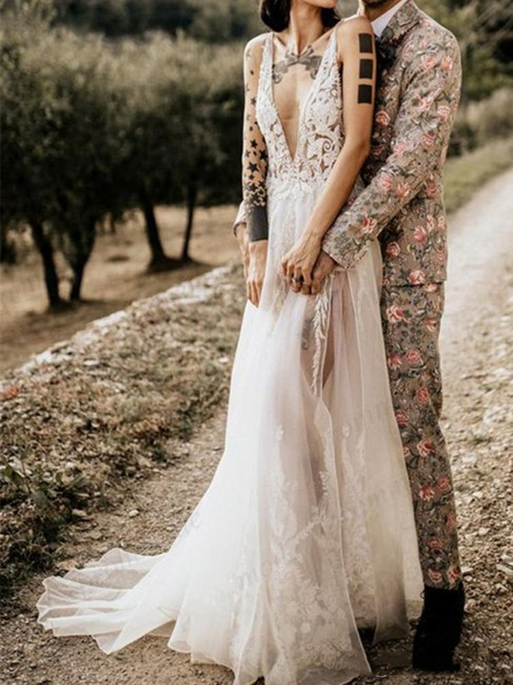 2022 Beaded Sexy Hippie Style Wedding Dresses Bridal Gowns High Split Side Backless Deep Summer Boho Lace Tulle A Line Beach Bride Dress Vestidos De N