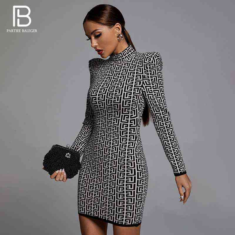 PB Chic Geometric Jacquard Mini Dress Long Sleeves Stand Collar Celebrity Party Club Bandage Vestido 211221