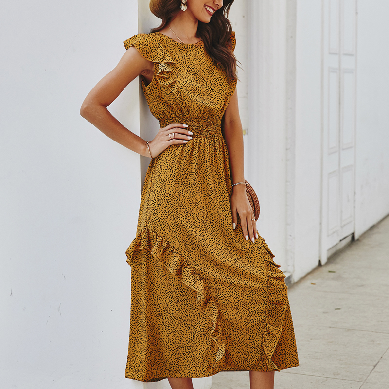 Summer Elegant Sexy Wave point beach Ruffles midi Dress Women Fashion Print dot Ladies boho Vacation dress women vestidos T200604