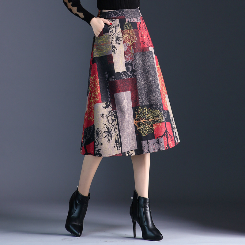 Plus Size High Waist Mid Thicken Woolen Skirt Women Autumn Winter ALine Wool Skirt Female Red Print Pocket Lady Skirt T200324