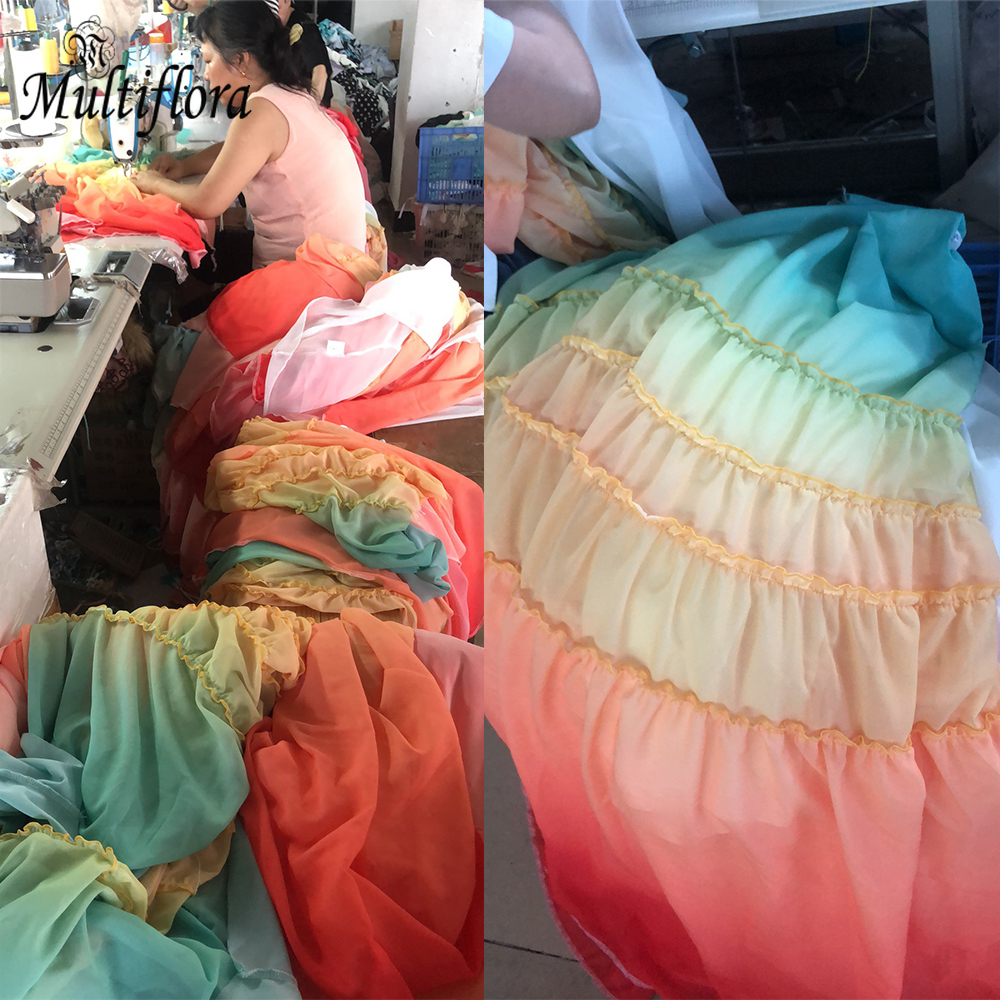 Ladies Summer Casual Boho Maxi Dress Women Gradient Rainbow Ruffles Pleated Beach Irregular Dress Mesh Chiffon Sundress XXL T200604