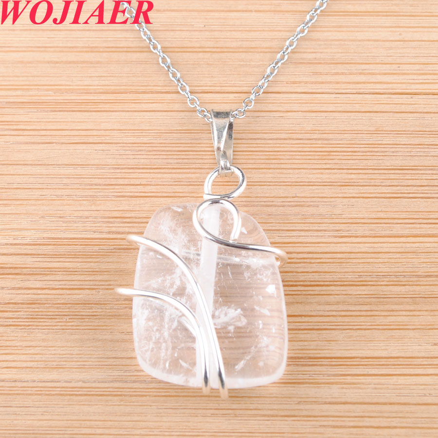 WOJIAER Natural Stone Trapezoidal Pendant Healing Silver-color Wire Wrap Crystal Pink Quartz Necklaces Jewelry for Women DBO914