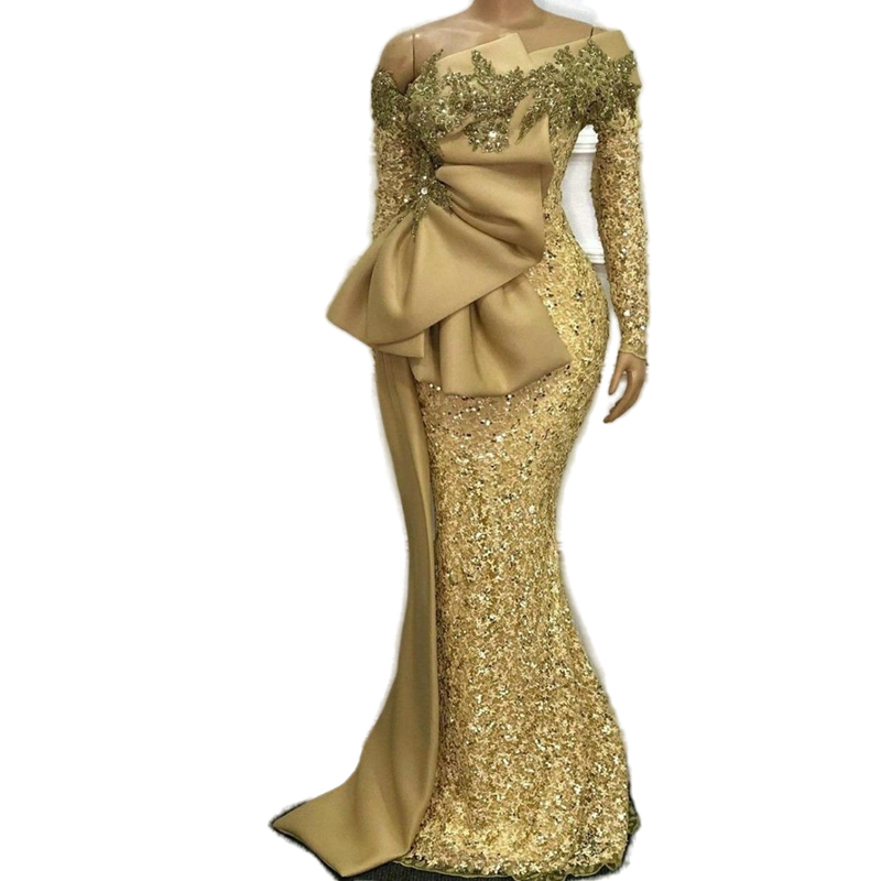 Elegant African Gold Lace Mermaid Formal Evening Dresses For Women 2022 Appliques Beaded Long Sleeve Fashion Ruched Special Occasion Gowns Prom Pagean