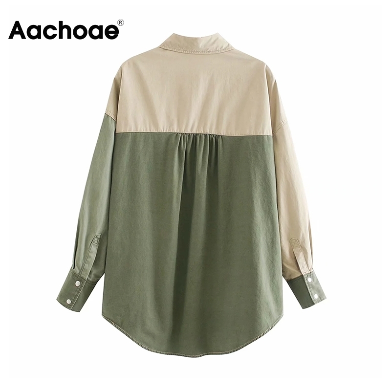 Aachoae Autumn Women Shirt Jakcet Coat Boyfriend Patchwork Jacket Loose Long Sleeve Cotton Coat Ladies Streetwear Tops 201112
